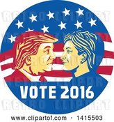 Vector Clip Art of Retro Profile Portrait of Donald Trump and Hillary Clinton Facing off in an American Flag Circle with Text by Patrimonio