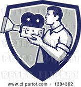 Vector Clip Art of Retro Profiled Camera Guy Filming in a Blue White and Gray Shield by Patrimonio