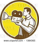 Vector Clip Art of Retro Profiled Camera Guy Filming in a Brown White and Yellow Circle by Patrimonio