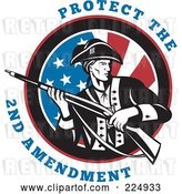 Vector Clip Art of Retro Protect the 2nd Amendment Text Around a Revolutionary War Soldier Holding a Rifle over an American Flag by Patrimonio