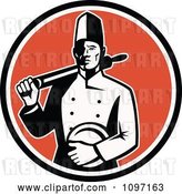 Vector Clip Art of Retro Proud Male Chef Holding a Plate and Rolling Pin over an Orange Circle by Patrimonio
