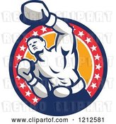 Vector Clip Art of Retro Punching Boxer over a Circle of Orange and Stars by Patrimonio