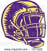 Vector Clip Art of Retro Purple and Yellow Woodcut American Football Helmet by Patrimonio