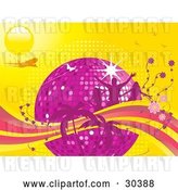 Vector Clip Art of Retro Purple Disco Ball Surrounded by Silhouetted Pink People, Flowers and Palm Trees with an Airplane and Butterflies on a Yellow Background by Elaineitalia