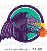 Vector Clip Art of Retro Purple Fire Breathing Dragon Flying with a Basketball and Emerging from a Circle by Patrimonio