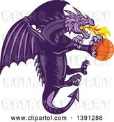 Vector Clip Art of Retro Purple Fire Breathing Dragon Flying with a Basketball by Patrimonio