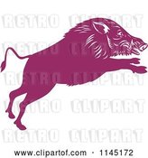 Vector Clip Art of Retro Purple Leaping Wild Boar Pig by Patrimonio