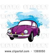Vector Clip Art of Retro Purple VW Slug Bug Car over Blue Paint Strokes by Lal Perera