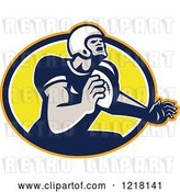 Vector Clip Art of Retro Quaterback American Football Player Throwing over an Oval by Patrimonio