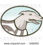 Vector Clip Art of Retro Racing Greyhound Dog in an Oval of Rays on Blue by Patrimonio