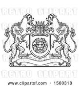 Vector Clip Art of Retro Rampant Lion and Unicorn Flanking a Lion Shield over a Banner, Woodcut by AtStockIllustration