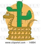 Vector Clip Art of Retro Rattlesnake Holding out His Rattle and Curled Around a Desert Cactus by Andy Nortnik