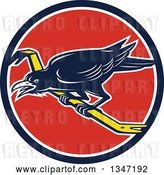 Vector Clip Art of Retro Raven Bird on a Crowbar in a Blue White and Red Circle by Patrimonio