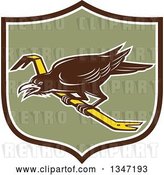Vector Clip Art of Retro Raven Bird on a Crowbar in a Brown White and Green Shield by Patrimonio