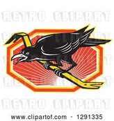 Vector Clip Art of Retro Raven on a Crowbar over an Orange White and Yellow Sunset Hexagon by Patrimonio