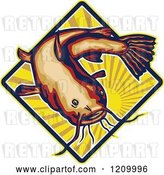 Vector Clip Art of Retro Ray Finned Catfish over a Sun Burst Diamond by Patrimonio