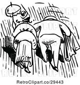 Vector Clip Art of Retro Rear View of a Couple Walking in the Rain by Prawny Vintage