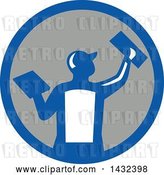 Vector Clip Art of Retro Rear View of a Male Plasterer Worker Using Trowels in a Blue White and Gray Circle by Patrimonio