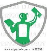 Vector Clip Art of Retro Rear View of a Male Plasterer Worker Using Trowels in a Gray White and Green Crest by Patrimonio
