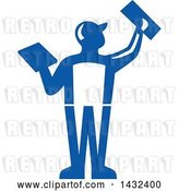 Vector Clip Art of Retro Rear View of a Male Plasterer Worker Using Trowels in Blue and White by Patrimonio