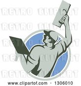 Vector Clip Art of Retro Rear View of a Male Plasterer Working with a Trowel and Emerging from a Gray White and Blue Circle by Patrimonio