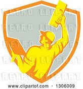 Vector Clip Art of Retro Rear View of a Male Plasterer Working with a Trowel and Emerging from an Orange White and Gray Shield by Patrimonio