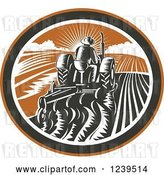 Vector Clip Art of Retro Rear View of a Woodcut Farmer Plowing a Field at Sunset, in an Oval by Patrimonio