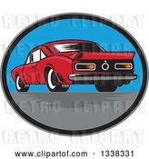 Vector Clip Art of Retro Rear View of a Woodcut Rear Muscle Car in an Oval by Patrimonio