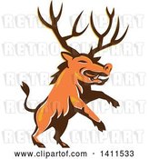 Vector Clip Art of Retro Rearing Razorback Boar Pig Beast with Antlers by Patrimonio