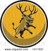 Vector Clip Art of Retro Rearing Razorback Boar Pig Beast with Antlers in a Black White and Yellow Circle by Patrimonio