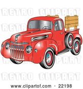 Vector Clip Art of Retro Red 1945 Ford Pickup Truck with a Spacfe Tire on the Side And, Chrome Accents, Red Wall Tires and Wooden Panels Along the Truck Bed by Andy Nortnik