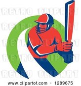 Vector Clip Art of Retro Red and Blue Cricket Batsman with a White Swoosh in a Green Circle by Patrimonio