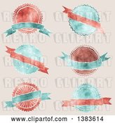 Vector Clip Art of Retro Red and Blue Styled Badge Seal Labels with Blank Ribbon Banners, on Beige by KJ Pargeter