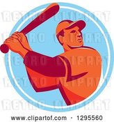 Vector Clip Art of Retro Red and Orange Male Baseball Player Batting Inside a Blue and White Circle by Patrimonio
