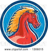 Vector Clip Art of Retro Red and Orange Young Cold Horse Head in a Blue and White Circle by Patrimonio