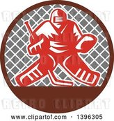 Vector Clip Art of Retro Red and White Ice Hockey Goalie over a Net in a Brown and Gray Circle by Patrimonio