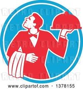 Vector Clip Art of Retro Red and White Male Waiter Holding a Cloche Platter and Looking up in a Blue Circle by Patrimonio