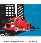 Vector Clip Art of Retro Red Big Rig Truck in a City by Patrimonio