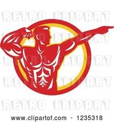 Vector Clip Art of Retro Red Bodybuilder Flexing and Pointing over a Circle by Patrimonio