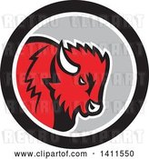 Vector Clip Art of Retro Red Buffalo Head in a Black White and Gray Circle by Patrimonio