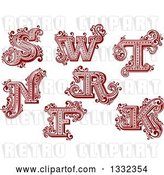 Vector Clip Art of Retro Red Capital Letters S, W, T, N, R, F and K with Flourishes by Vector Tradition SM