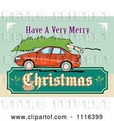 Vector Clip Art of Retro Red Car with a Tree on the Roof and a Christmas Sign by Patrimonio