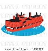 Vector Clip Art of Retro Red Container Cargo Ship on Blue Ocean Water by Patrimonio