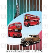 Vector Clip Art of Retro Red Double Decker Buses, Car and Big Ben on a Striped Background by