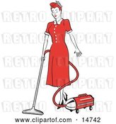 Vector Clip Art of Retro Red Haired Housewife or Maid Lady in a Long Red Dress and Heels, Using a Canister Vacuum to Clean the Floors by Andy Nortnik