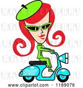 Vector Clip Art of Retro Red Haired Lady Dressed in Green, Riding a Blue Scooter by Andy Nortnik