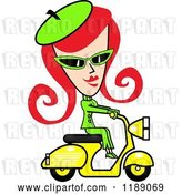 Vector Clip Art of Retro Red Haired Lady Dressed in Green, Riding a Yellow Scooter by Andy Nortnik