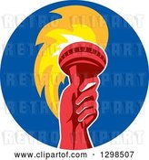 Vector Clip Art of Retro Red Hand Holding up a Torch in a Blue Circle by Patrimonio