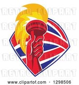 Vector Clip Art of Retro Red Hand Holding up a Torch in a British Flag Shield by Patrimonio