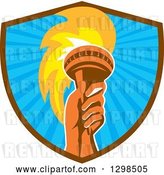 Vector Clip Art of Retro Red Hand Holding up a Torch in a Brown and Blue Ray Shield by Patrimonio